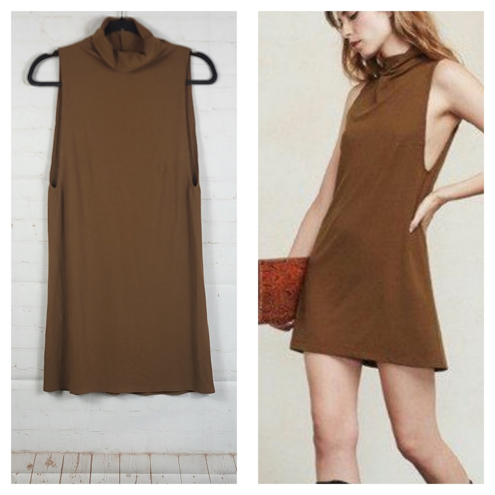Reformation Cali Mock Neck Sleeveless Casual Ribbed Mini Dress Burnt Caramel XS